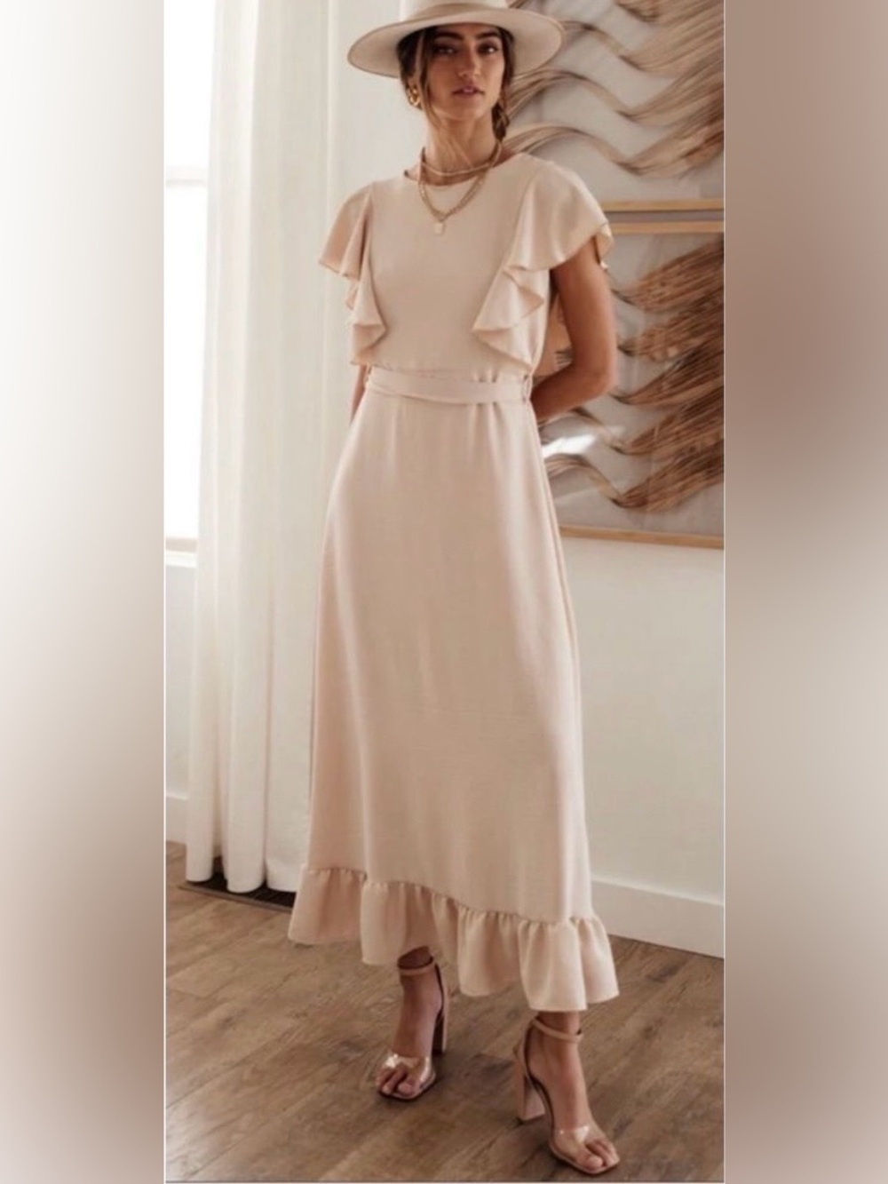 Böhme Ruffle Sleeve Maxi Dress | Size Medium | Champagne Beige | Tie Waist